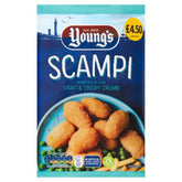 Young's Scampi 220g, wrapped in light and crispy crumb, is priced at £4.50 and shown on the pack with scampi pieces and peas on a plate.